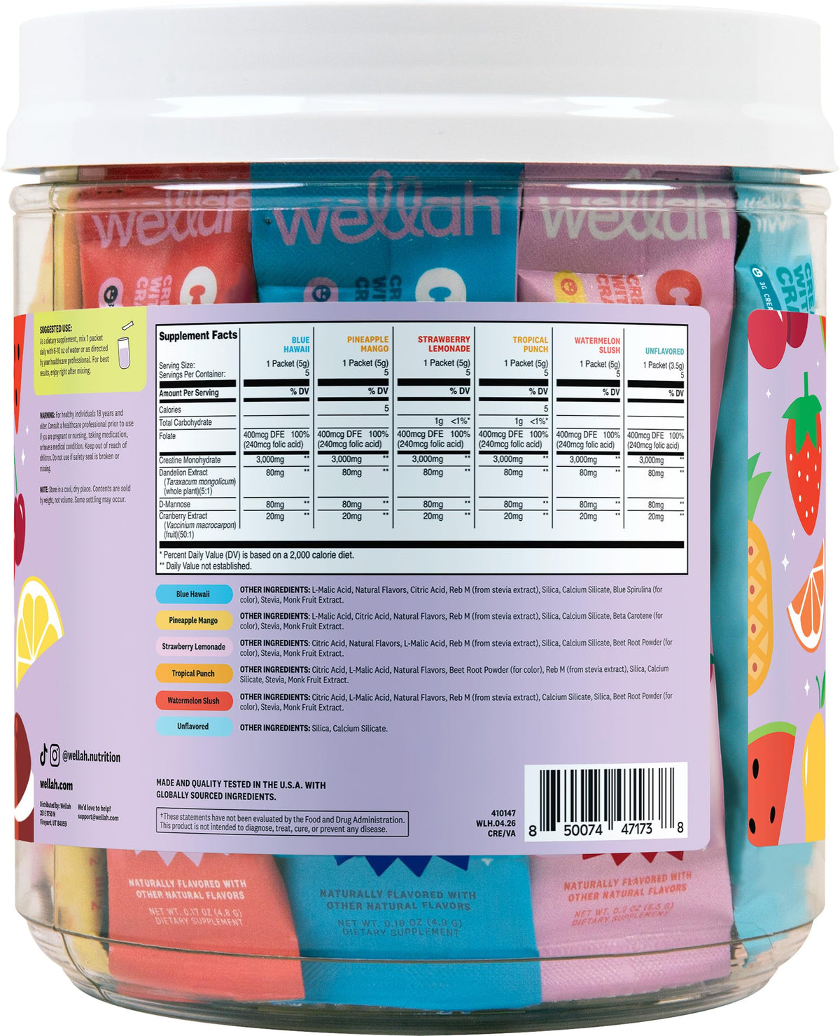 Wellah Creatine stick pack showing blue hawaii flavour