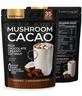 Wellneum Mushroom Cacao Organic Powder front view with packaging