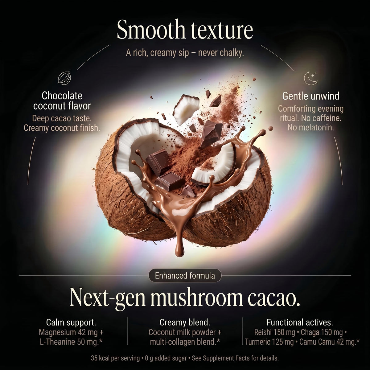 Wellneum Mushroom Cacao Organic Powder scoop beside a cup of prepared drink