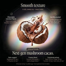 Wellneum Mushroom Cacao Organic Powder scoop beside a cup of prepared drink