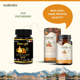 Wellwith Sea Buckthorn Berry Oil softgels with a measuring spoon