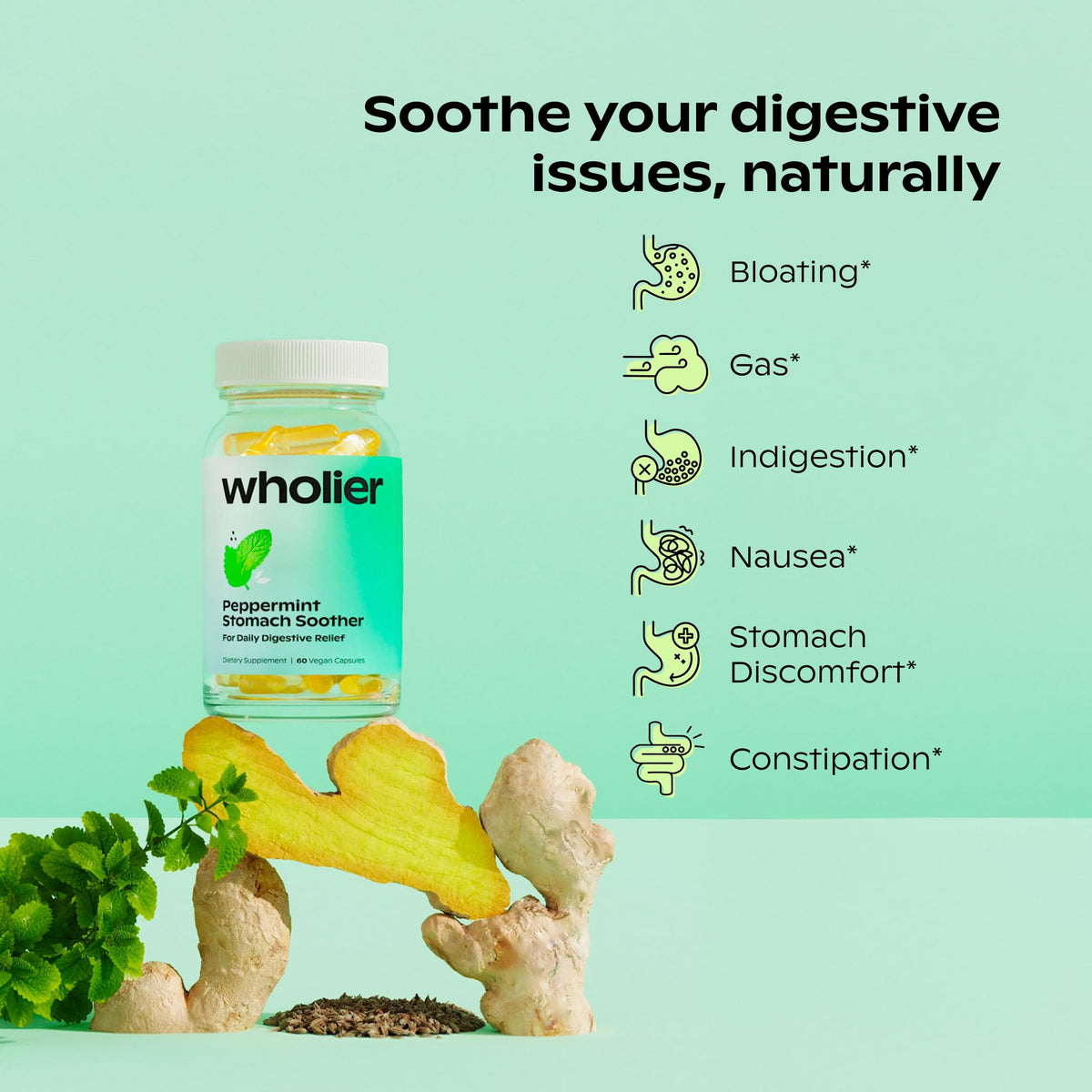 wholier Peppermint Stomach Soother bottle with label