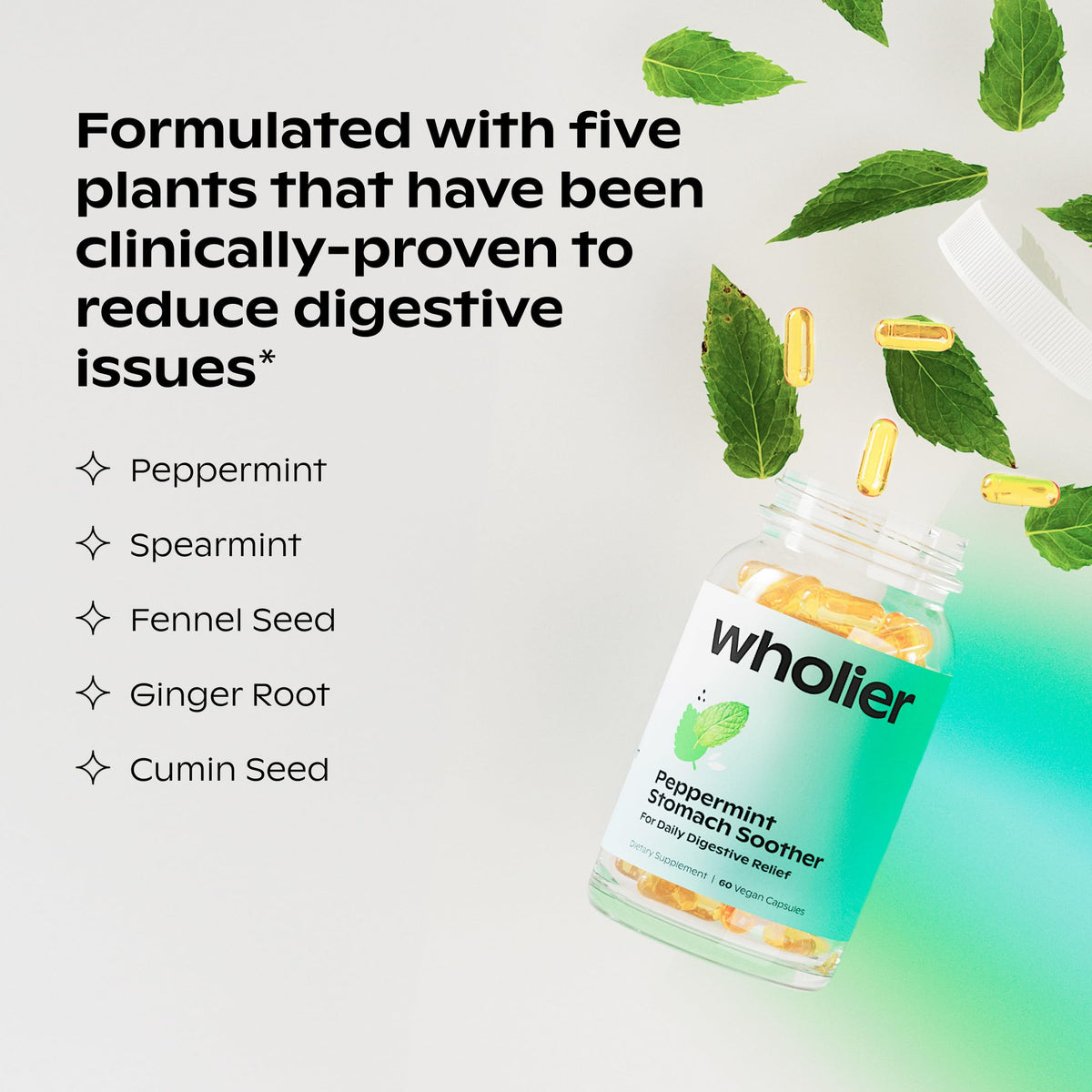 wholier Peppermint Stomach Soother capsules on a wooden surface