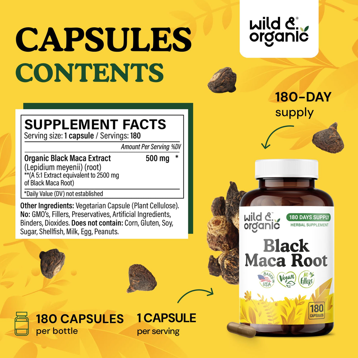 Wild & Organic Black Maca Capsules 500 mg bottle with label