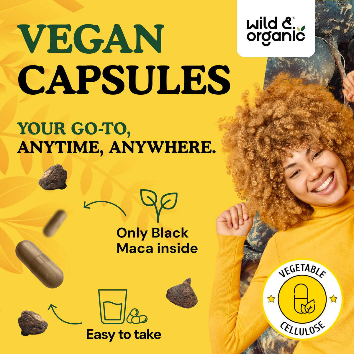 Wild & Organic Black Maca Capsules 500 mg capsules on a table