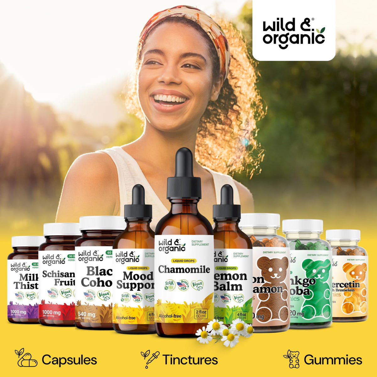 Wild & Organic Chamomile Tincture with herbal background