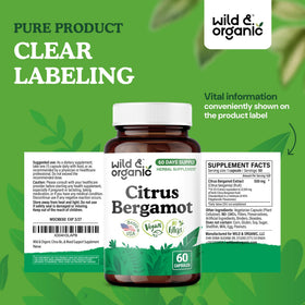 Wild & Organic Citrus Bergamot Capsules displayed with fresh bergamot fruit
