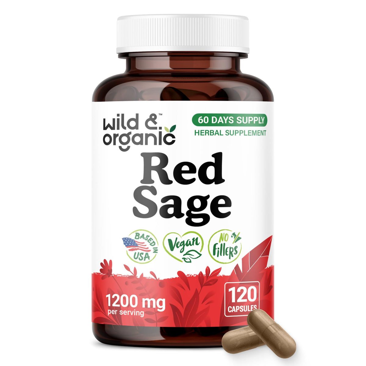 Wild & Organic Red Sage Capsules 1200 mg bottle front view