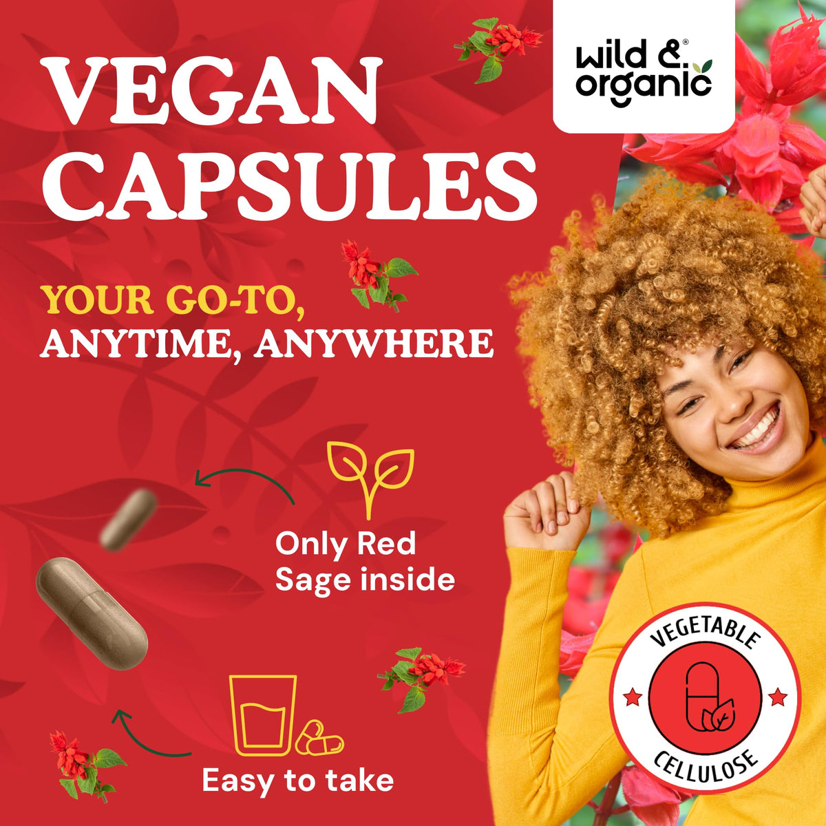 Wild & Organic Red Sage Capsules on a wooden table