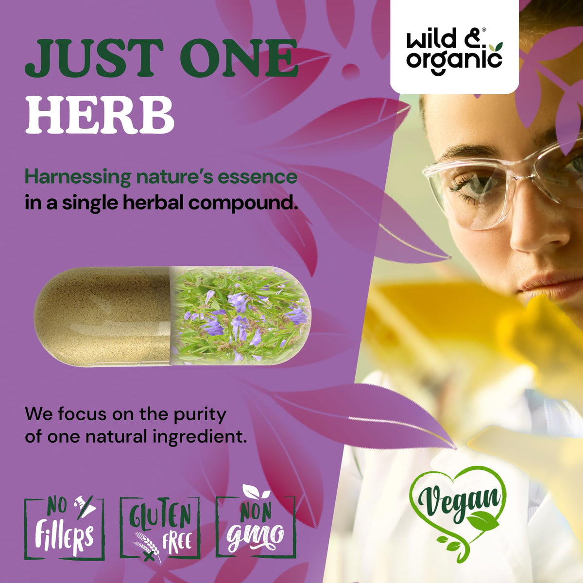 Wild & Organic Skullcap Capsules 1200 mg capsules on a wooden surface