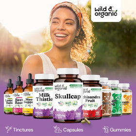 Wild & Organic Skullcap Capsules 1200 mg lifestyle scene with a glass of water