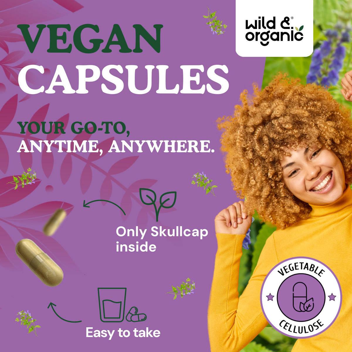 Wild & Organic Skullcap Capsules 1200 mg open bottle with capsules