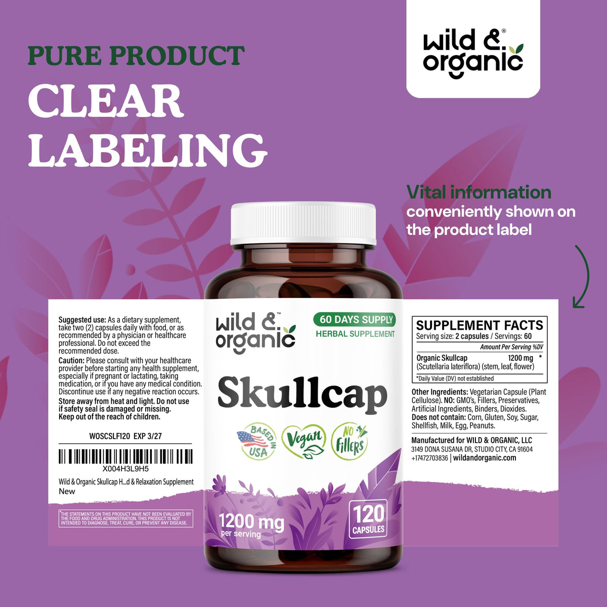 Wild & Organic Skullcap Capsules 1200 mg packaging details