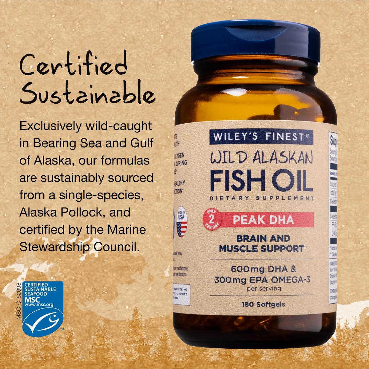 Wiley's Finest Peak DHA fish oil capsules in hand