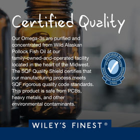 Wiley's Finest Peak DHA fish oil capsules on a wooden table