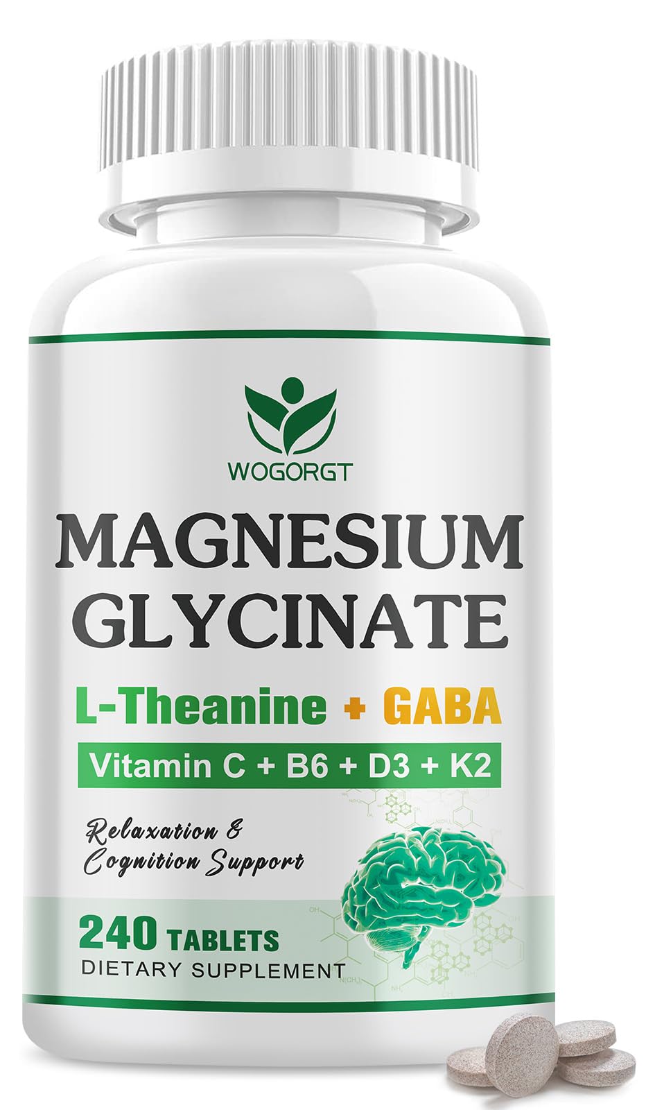WOGORGT Magnesium Glycinate 400mg tablets front view