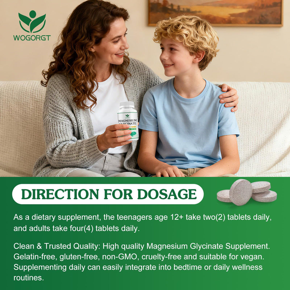 WOGORGT Magnesium Glycinate 400mg tablets in hand