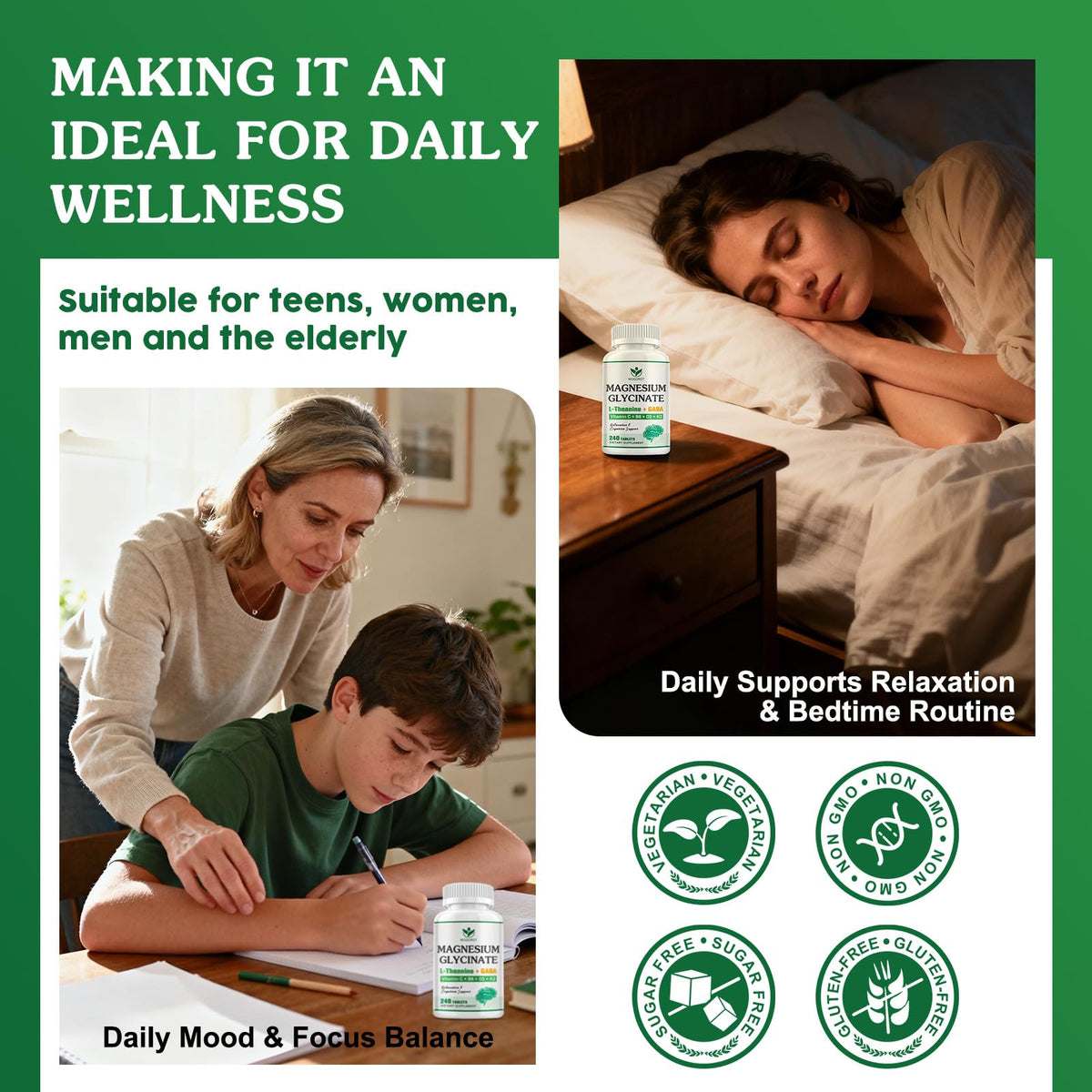 WOGORGT Magnesium Glycinate 400mg tablets on a table