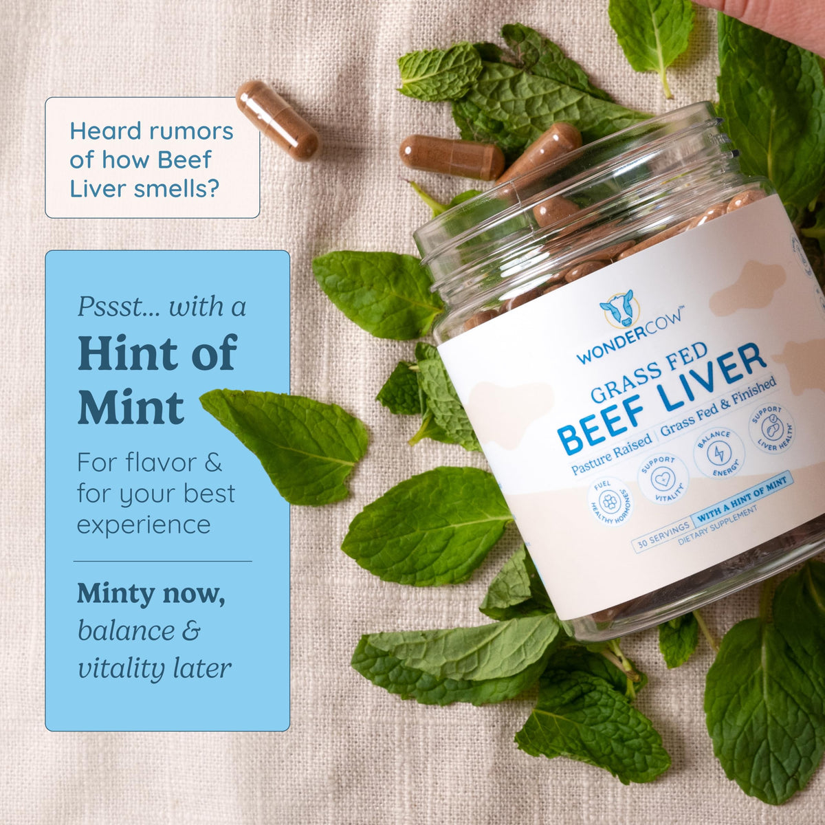 WONDERCOW Beef Liver Capsules showing dosage instructions