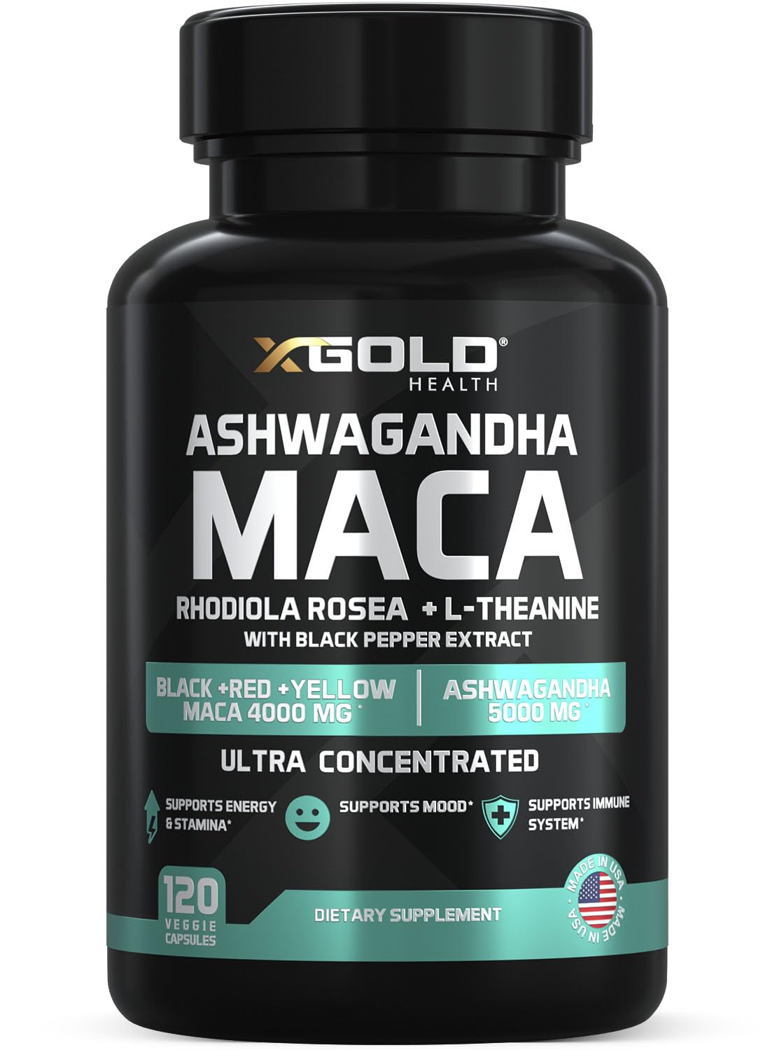 X Gold Health Ashwagandha 5,000mg + Maca Root 4,000mg capsules front view