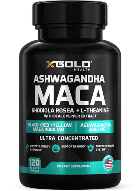 X Gold Health Ashwagandha 5,000mg + Maca Root 4,000mg capsules front view