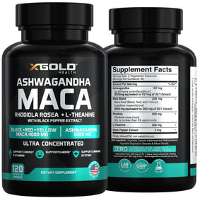 X Gold Health Ashwagandha bottle with 120 veggie capsules