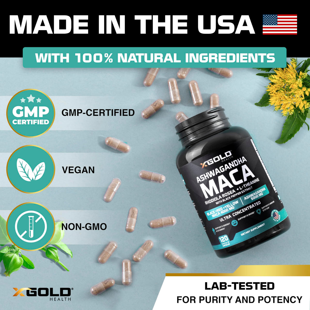 X Gold Health Ashwagandha capsules on a wooden table