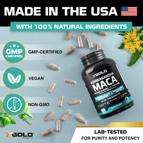 X Gold Health Ashwagandha capsules on a wooden table