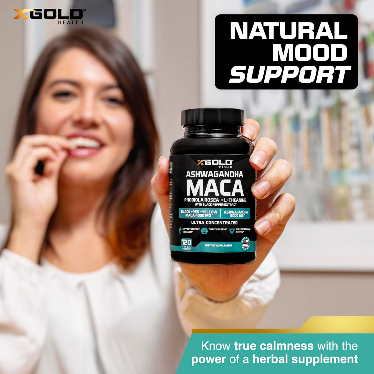 X Gold Health Ashwagandha capsules with measuring spoon