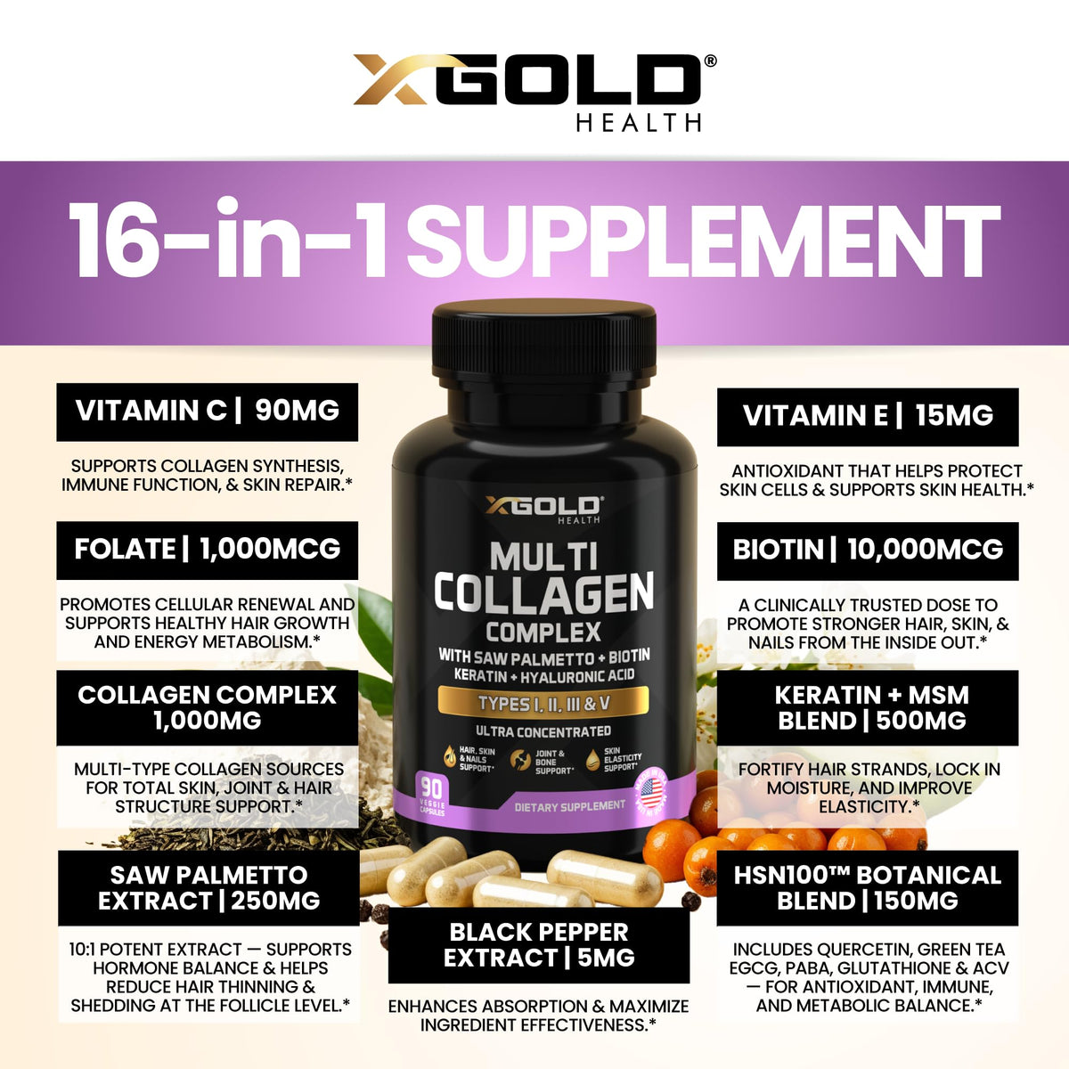 X Gold Health Multivitamin & Collagen Peptides Complex bottle side view