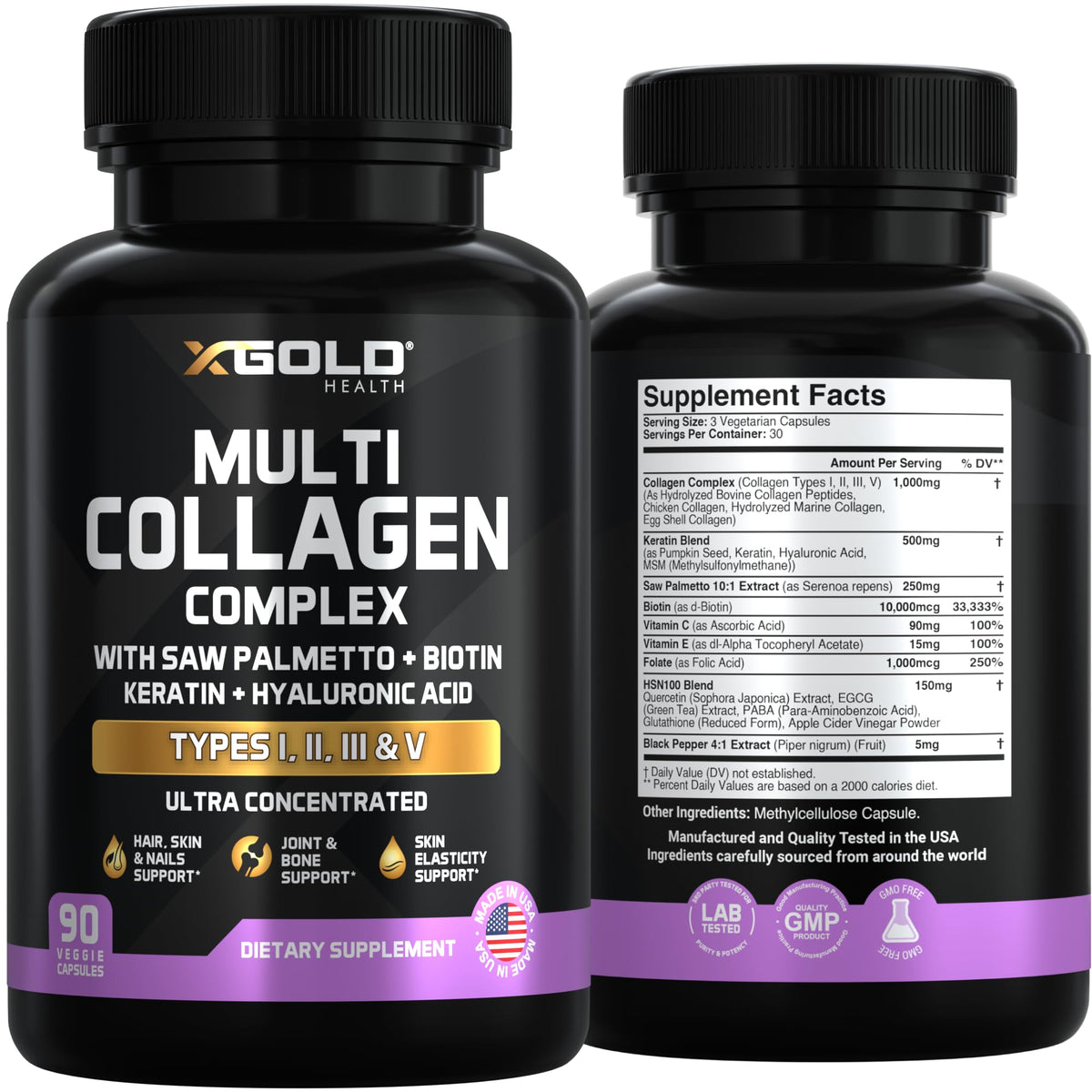 X Gold Health Multivitamin & Collagen Peptides Complex bottle with a measuring spoon