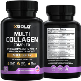 X Gold Health Multivitamin & Collagen Peptides Complex bottle with a measuring spoon