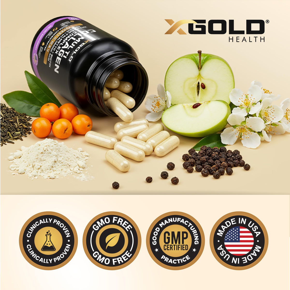 X Gold Health Multivitamin & Collagen Peptides Complex capsules on a wooden surface