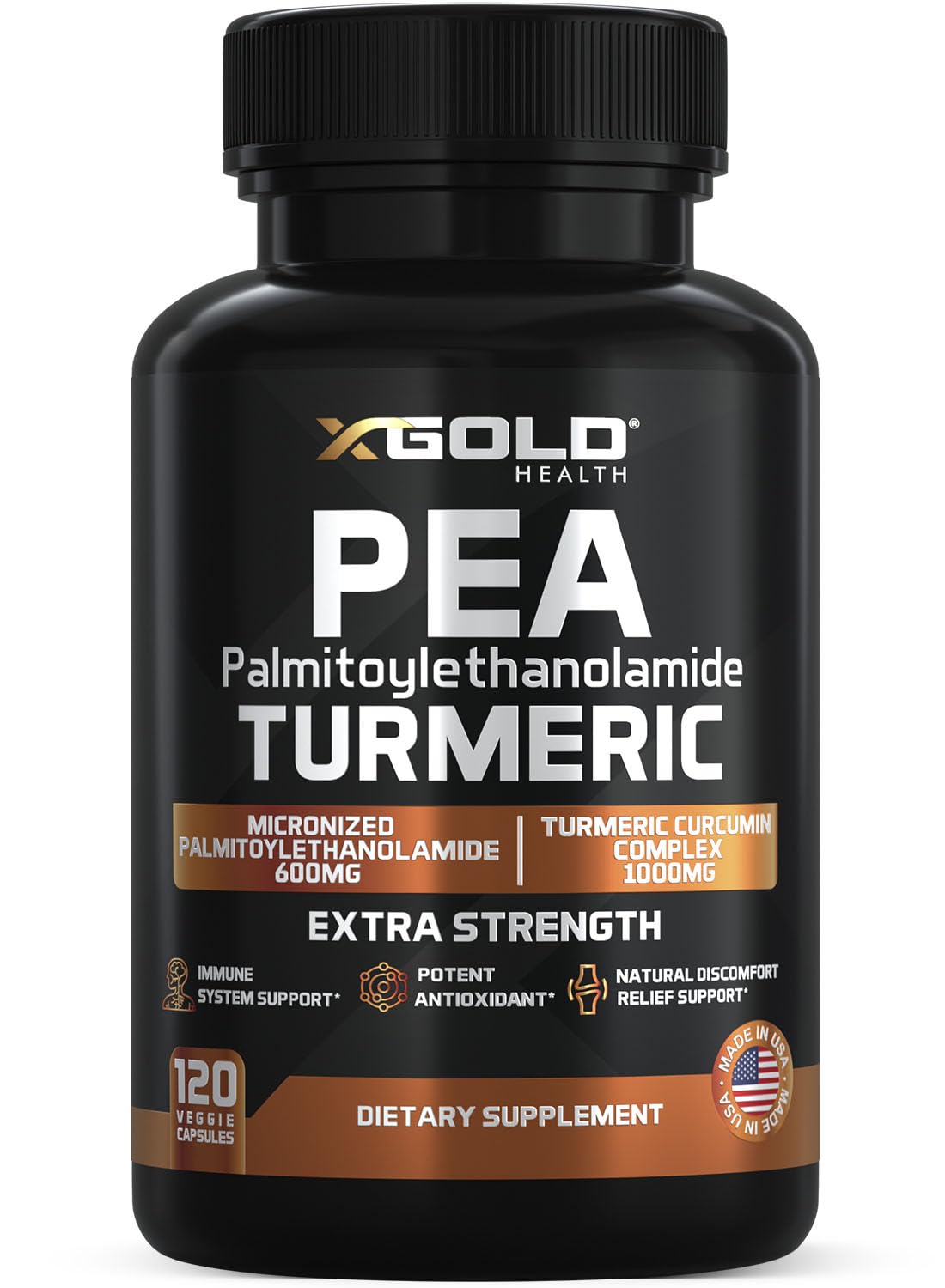 X Gold Health Pea Palmitoylethanolamide + Turmeric Curcumin 1600mg capsule bottle front view