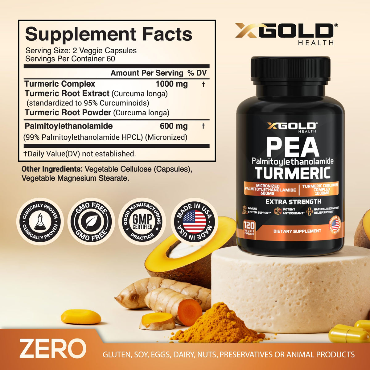 X Gold Health Pea Palmitoylethanolamide + Turmeric Curcumin 1600mg capsule bottle side view