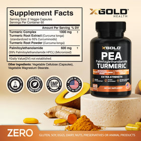 X Gold Health Pea Palmitoylethanolamide + Turmeric Curcumin 1600mg capsule bottle side view