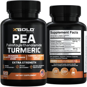 X Gold Health Pea Palmitoylethanolamide + Turmeric Curcumin bottle with natural background
