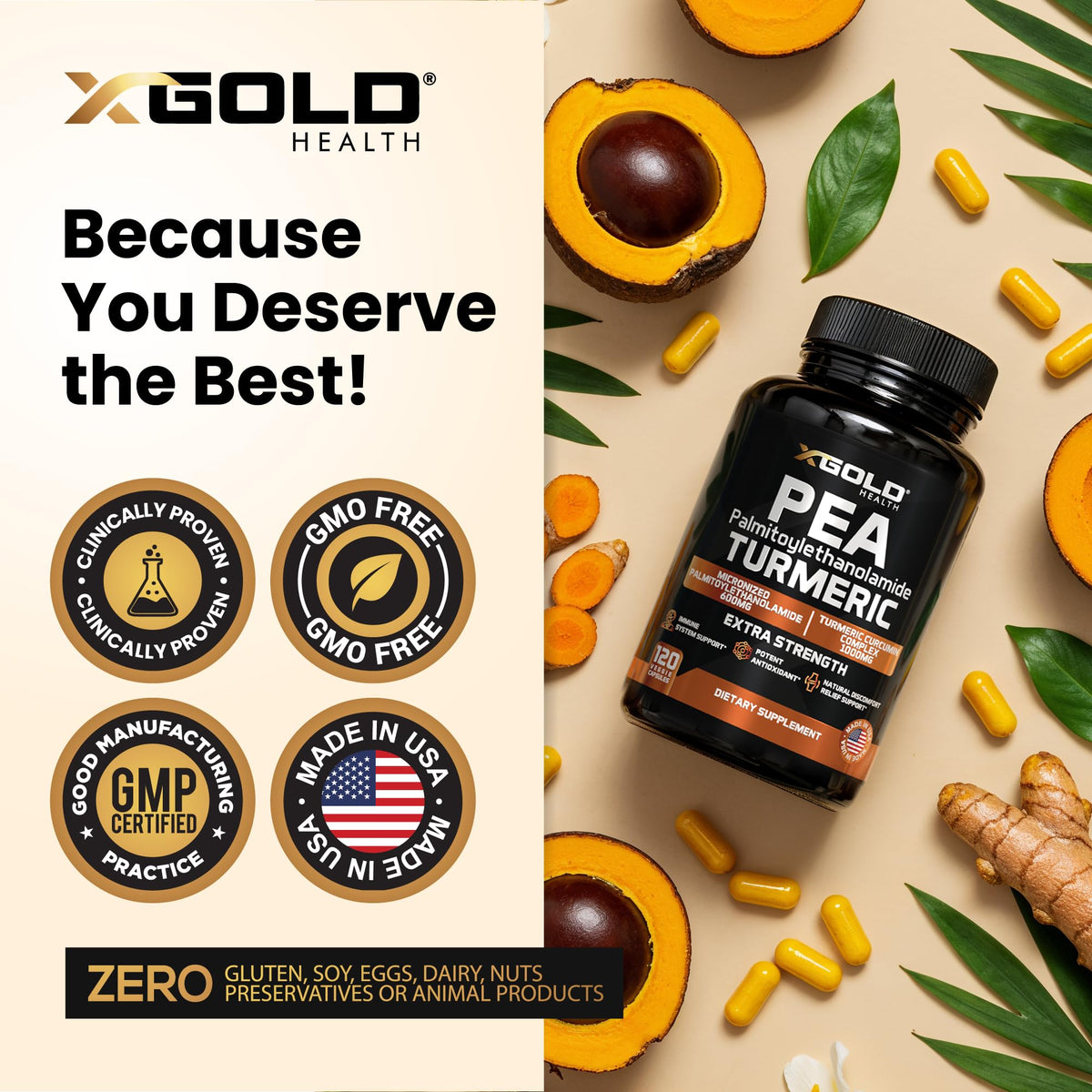 X Gold Health Pea Palmitoylethanolamide + Turmeric Curcumin capsule ingredients list