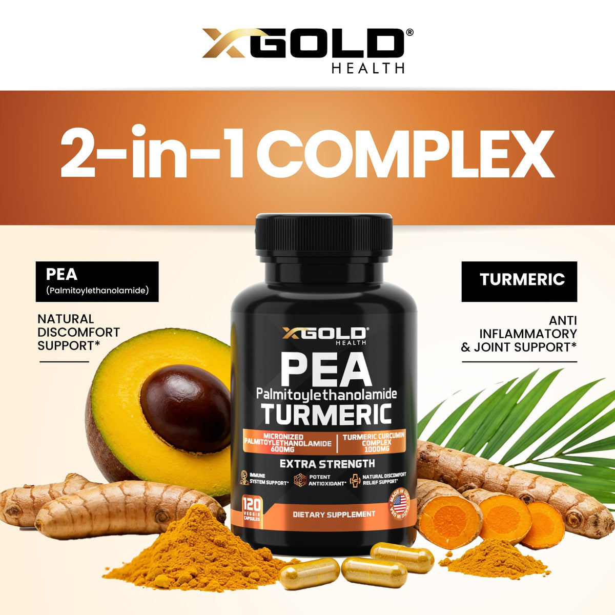 X Gold Health Pea Palmitoylethanolamide + Turmeric Curcumin capsules on a wooden table