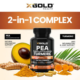X Gold Health Pea Palmitoylethanolamide + Turmeric Curcumin capsules on a wooden table