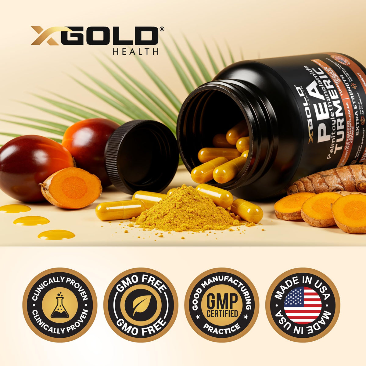 X Gold Health Pea Palmitoylethanolamide + Turmeric Curcumin capsules with a measuring spoon
