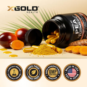 X Gold Health Pea Palmitoylethanolamide + Turmeric Curcumin capsules with a measuring spoon