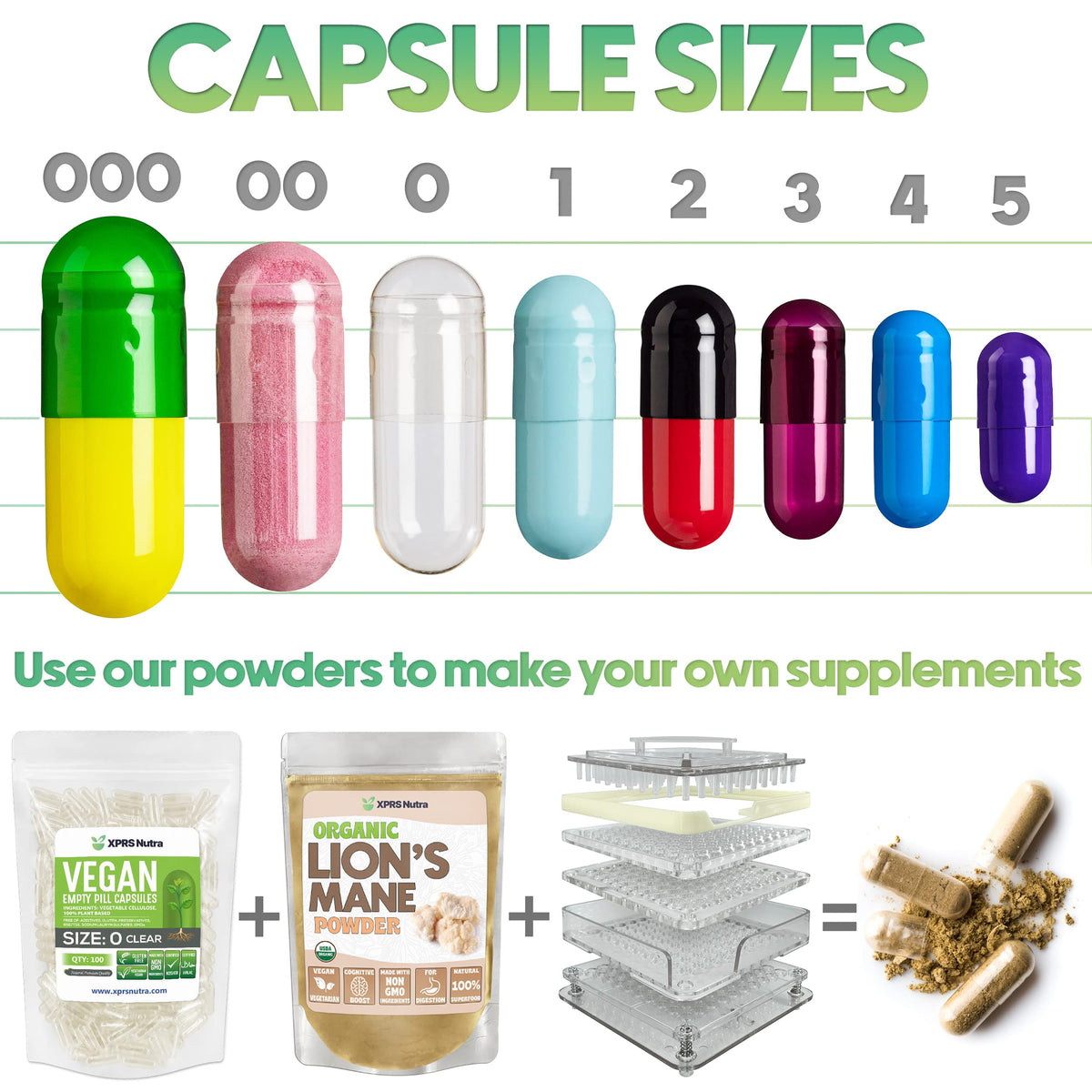 XPRS Nutra Size 0 empty gelatin capsules on a table