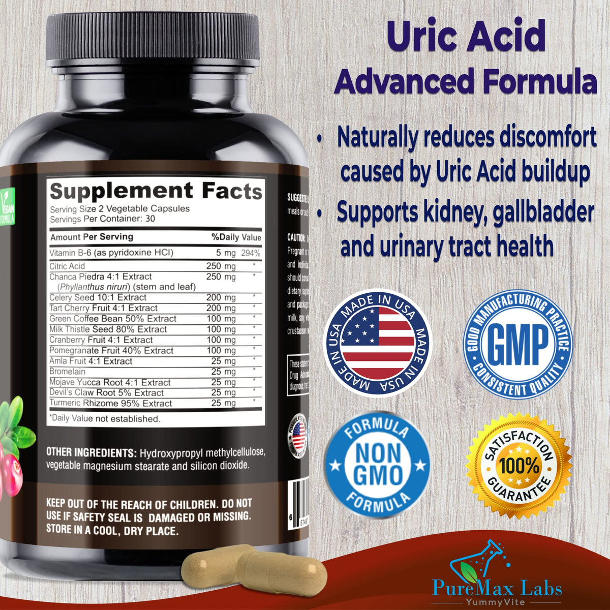 YUMMYVITE Uric Acid Advanced Formula bottle side view