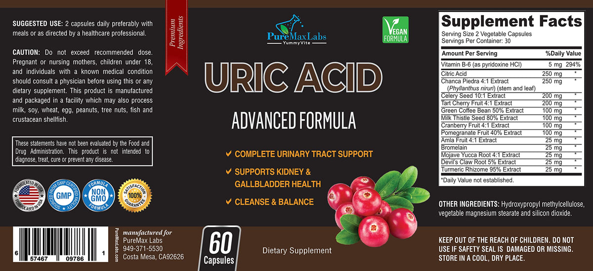YUMMYVITE Uric Acid Advanced Formula bottle with natural background