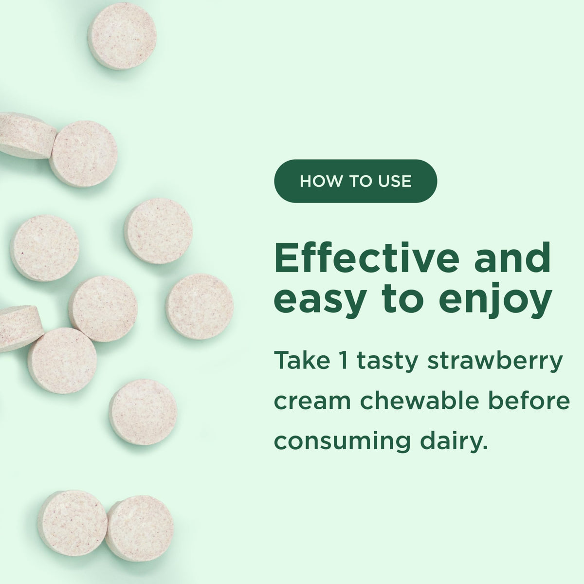 Yuve Dairy Relief Chewables 30ct Strawberry Cream tablet close-up