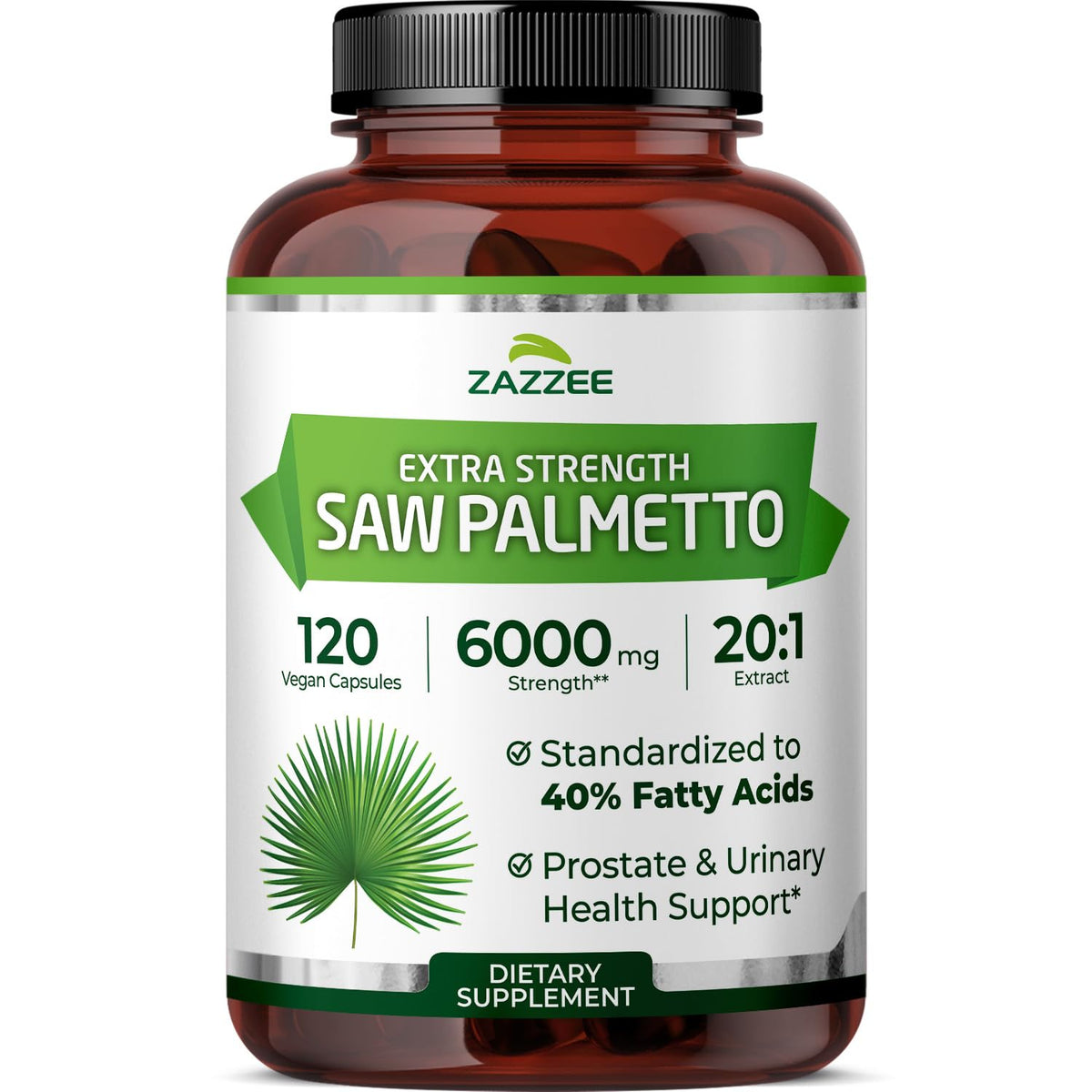 Zazzee Extra Strength Saw Palmetto 120 capsules bottle front view