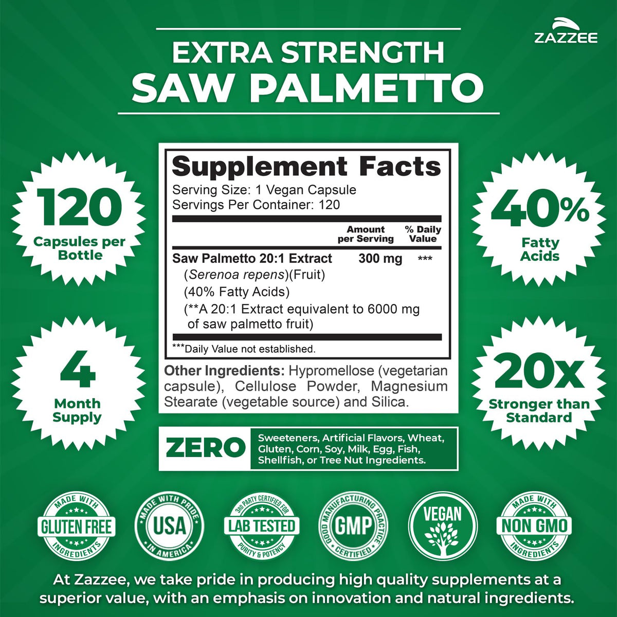 Zazzee Extra Strength Saw Palmetto 120 capsules side view