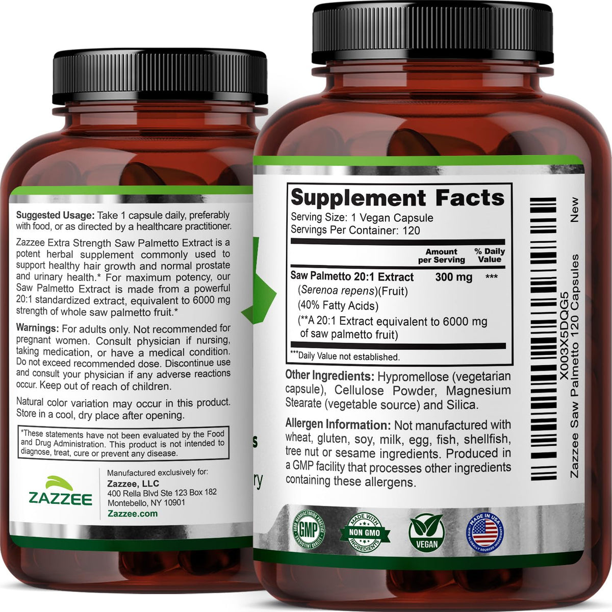 Zazzee Extra Strength Saw Palmetto 120 capsules with measuring spoon