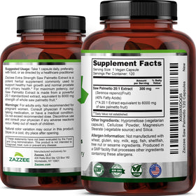 Zazzee Extra Strength Saw Palmetto 120 capsules with measuring spoon